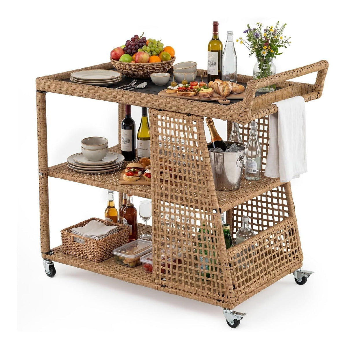 Servierwagen mit Rollen, Rattan Kuchenwagen mit Arbeitsplatte & offenen Ablagen & seitlichem Griff, Outdoor Rollwagen fur Kuchen, Esszimmer & Garten, 98 x 54 x 92 cm, Natur