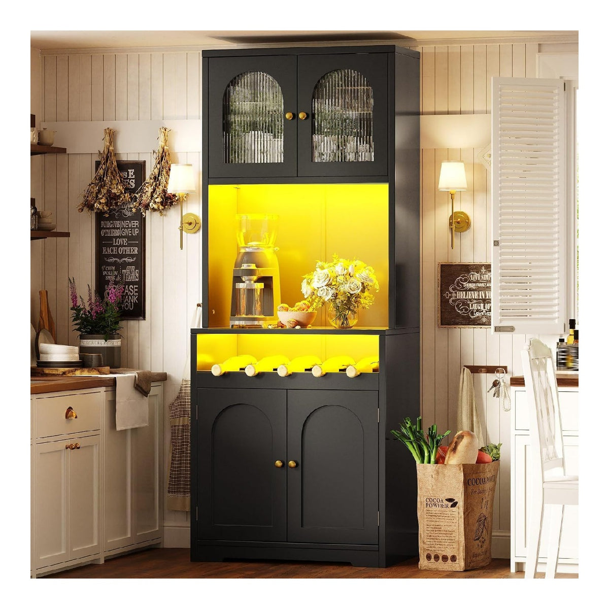 Hochschrank mit Glasturen und Weinregal, Schwarz, 1 Stuck