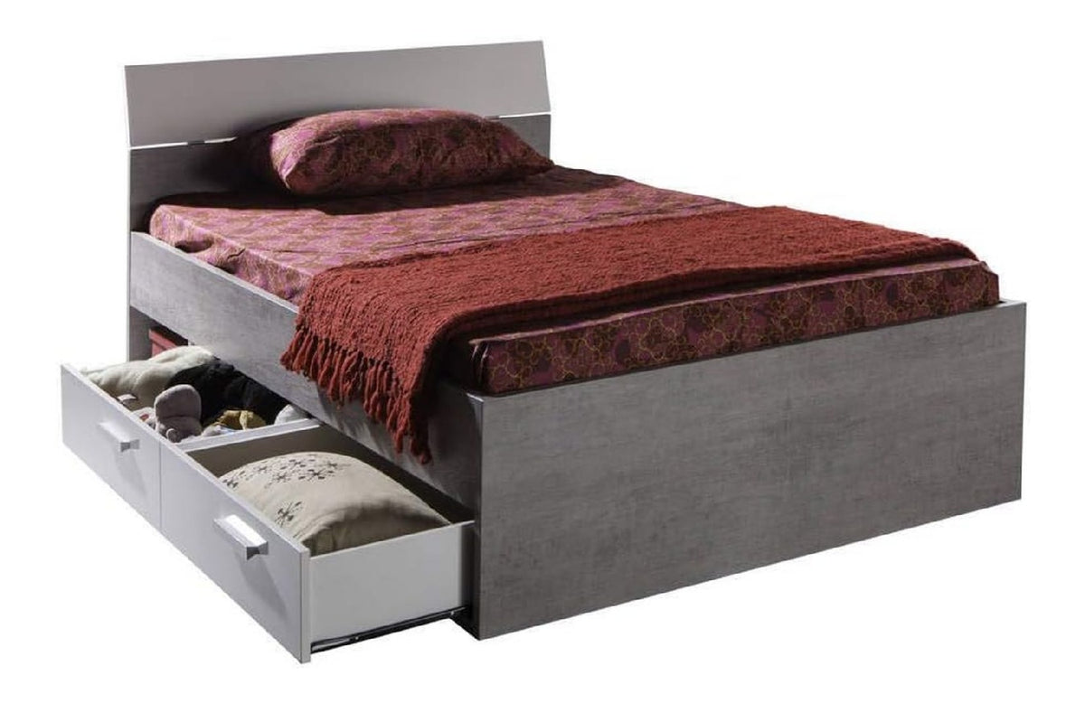 Doppelbett 2 Facher 2 Schubladen aus wei lackiertem Zementlaminat