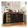 Sideboard fur Esszimmer, Schwarz, mit LED, modern, mit 4 Turen und 2 Schubladen, Sideboard, niedrig, mit Schublade, fur Kuche, Flur, Wohnzimmer, Eingangsbereich