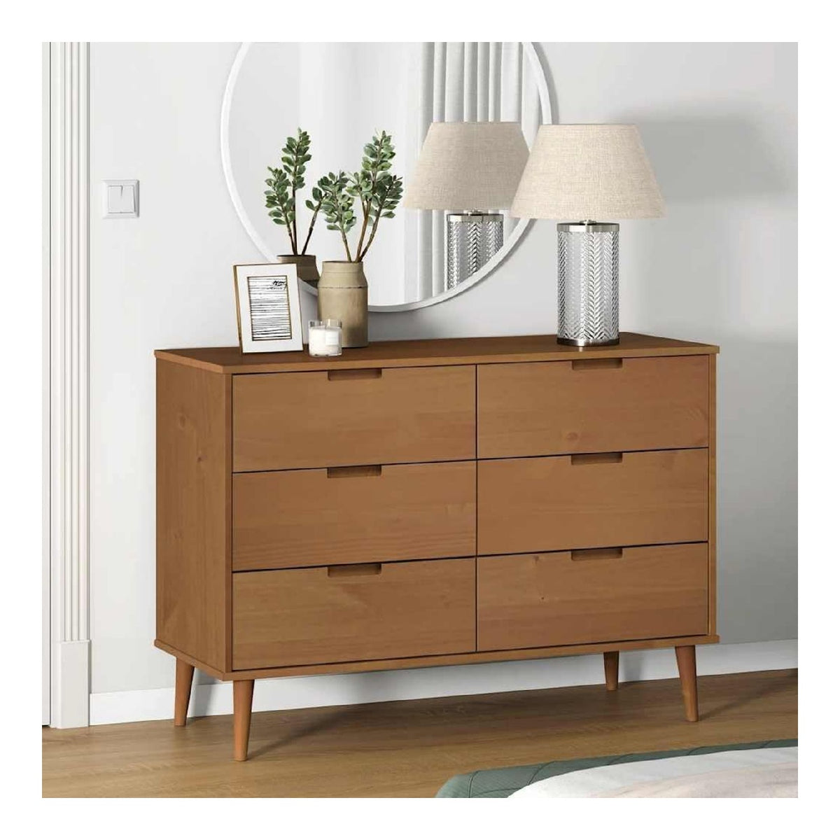 Klassischer Holzschrank mit 6 Schubladen, skandinavischer Schubladenschrank aus Kiefernholz mit Stabiler Deckplatte und UV-Lackierung als Massivholz Schubladenschrank