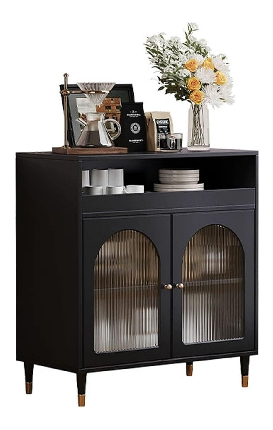 Sideboard-Buffet-Schrank, Schwarzer Kuchenschrank mit Schubladen, Kuchenbuffet aus Holz Buffetschrank mit Stauraum, Aufbewahrungsschrank fur Esszimmer, Wohnzimmer(60cm/23.6in)