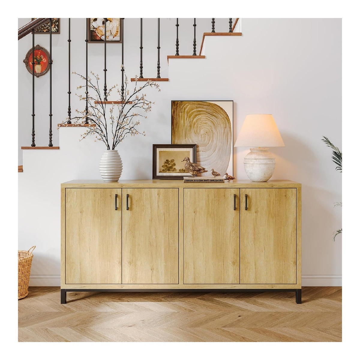 Sideboard mit 4 Turen, Landhausstil Kuchenschrank mit Holzmaserung, Buffetschrank fur Kuche, Esszimmer, Wohnzimmer, Holz