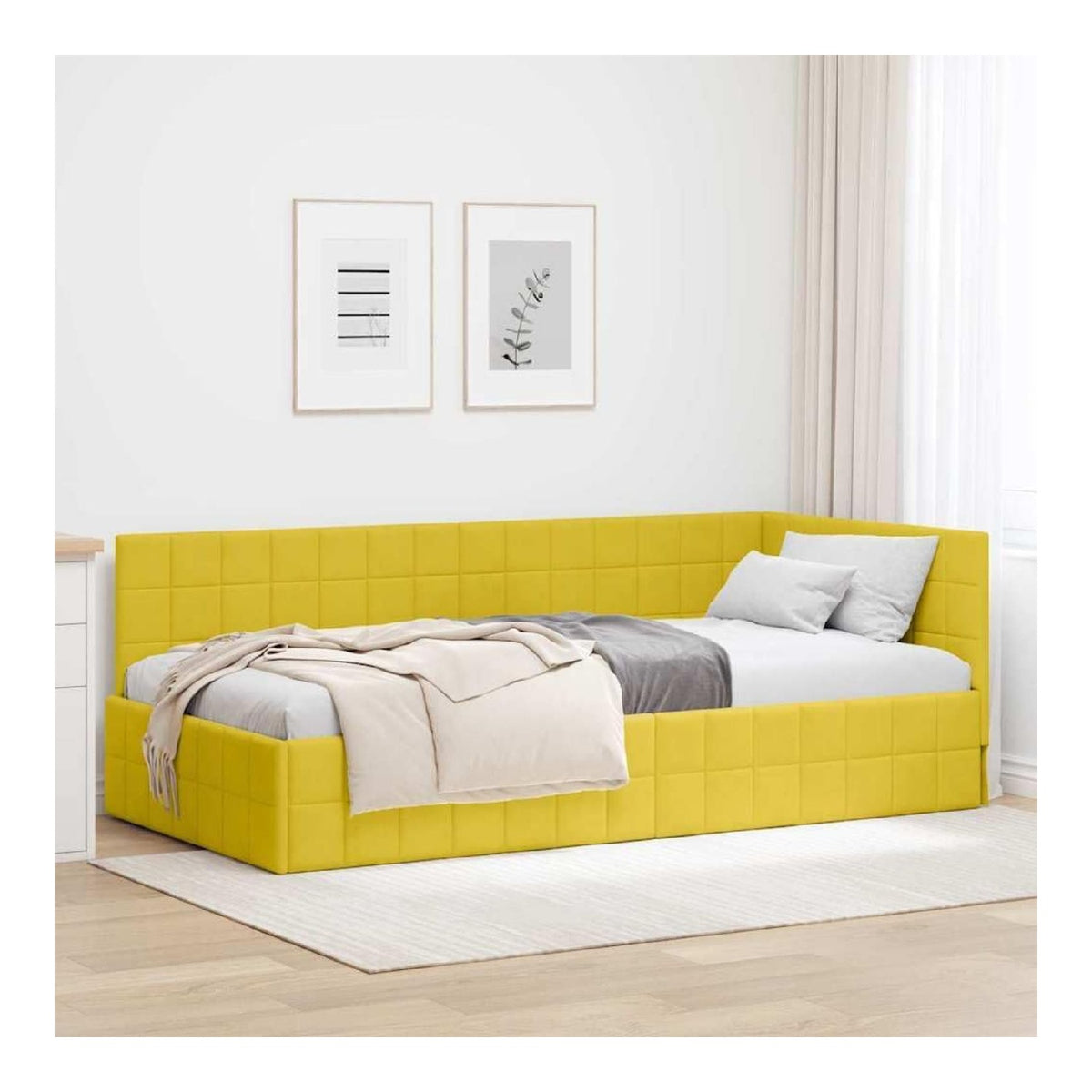 Eckbettgestell mit Kopfteil, Gelb, 100x200 cm, Samtbezug, L-formig, platzsparendes Design, vielseitig als Tagesbett, Robustes Schlafzimmermobel