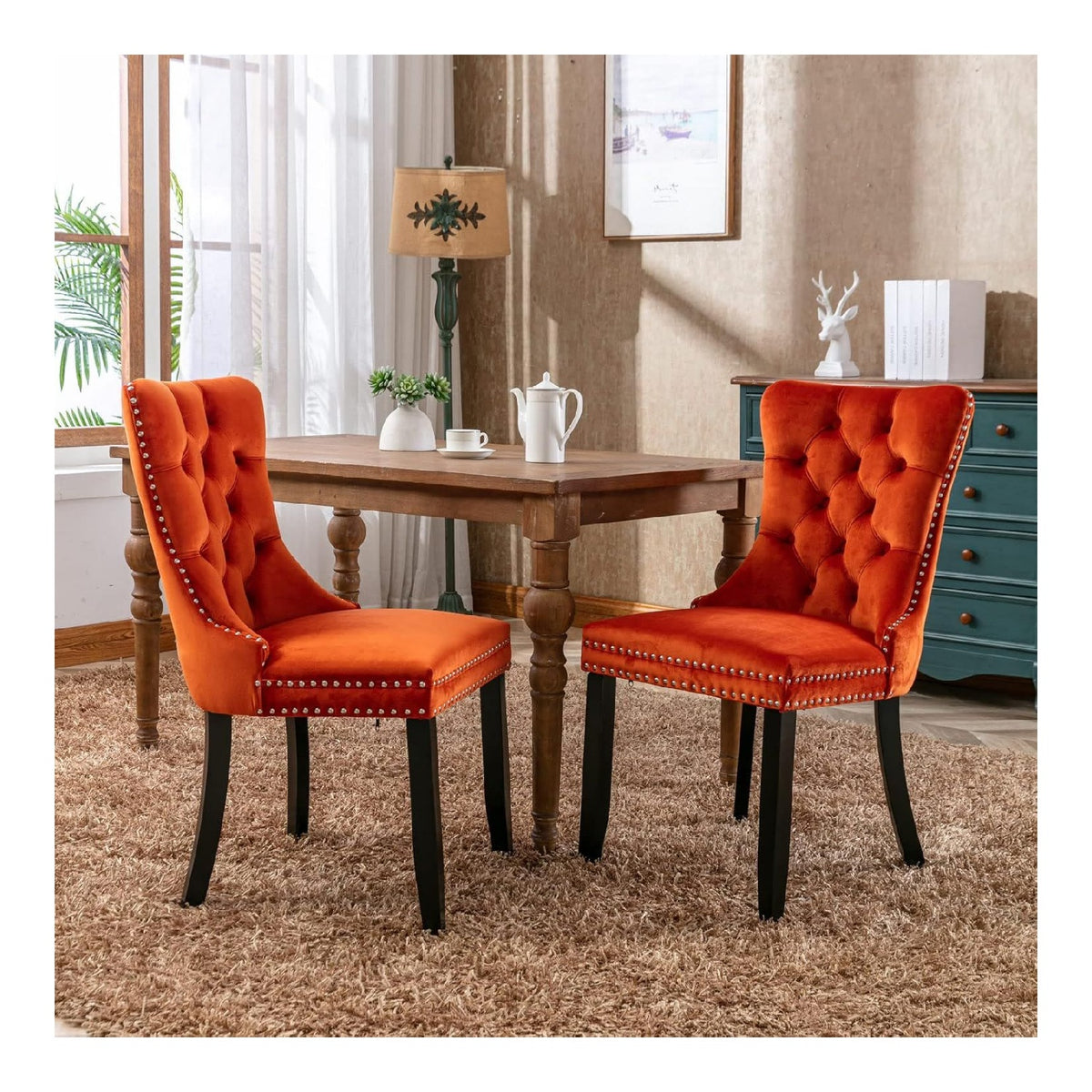 Esszimmerstuhle 2er Set mit Ziernagelbeschlag, Samt, Orange