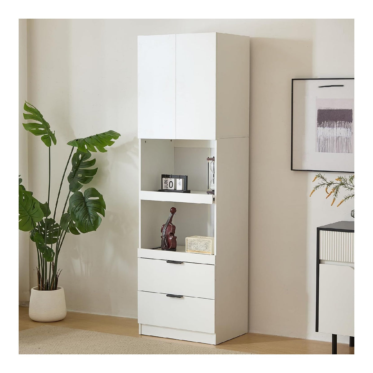 Kuchenschrank Wei Freistehend Als Vorratsschrank Mit 1 Tur, 2 Offenen Mikrowellenregalen Und 2 Schubladen, Hochschrank Mit Kippschutz, Lagerschranke Fur Kuche Esszimmer Wohnzimmer