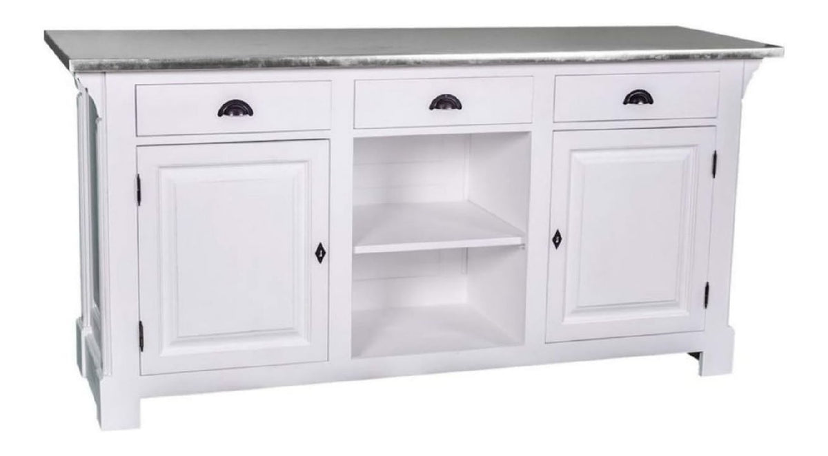 Landhausstil Theke Wei /Silber 191 x 68 x H. 95 cm - Massivholz Thekentisch mit verzinkter Tischplatte