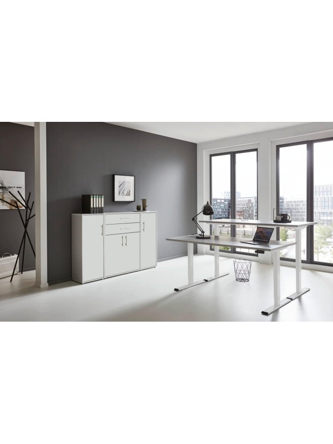 Ergonomischer Sitz Steh Schreibtisch mit Tischplatte 138 x 67 cm in Lichtgrau und Weiss