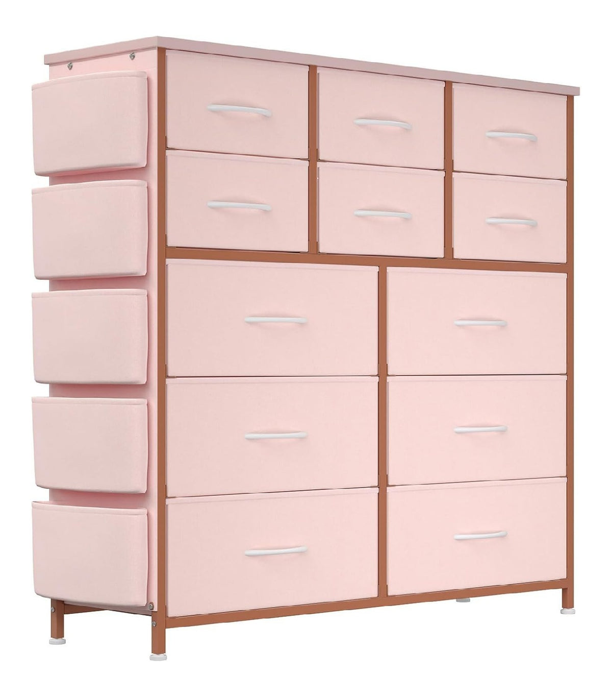 Kommode, Schrank, 12 Stoffschubladen mit Griffen, Metallgestell, Industrie-Design, fur Flur, Wohnzimmer, Schlafzimmer, Kuche & Buro, Rosa