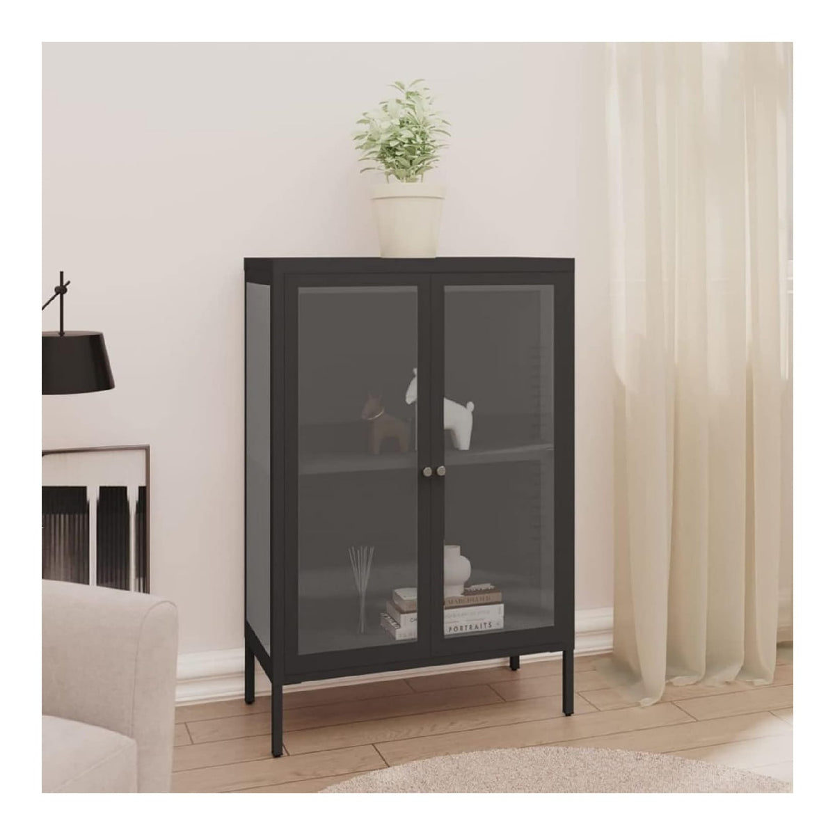 Sideboard Kommode Vitrinenschrank Bucherschrank Aktenschrank Buroschrank Vitrine Schrank Bucherregal Mehrzweckschranke Metall & Glas Anthrazit 75x35x105 cm