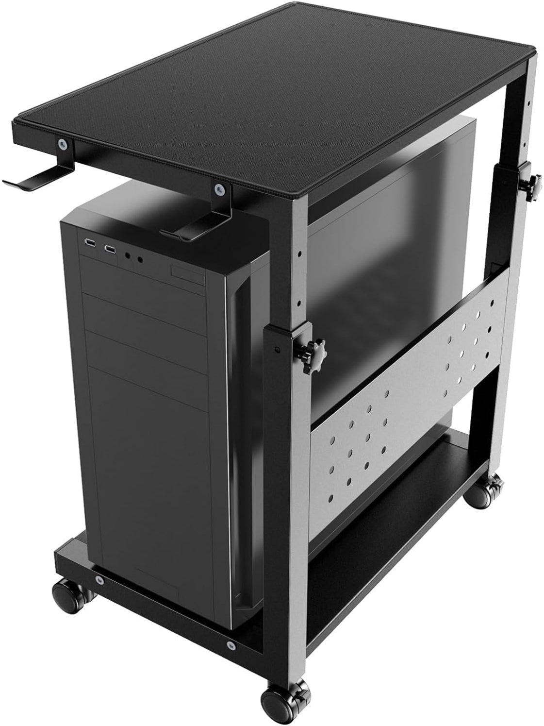 Hohenverstellbarer PC Stander mit zwei Ebenen und hoher Tragkraft