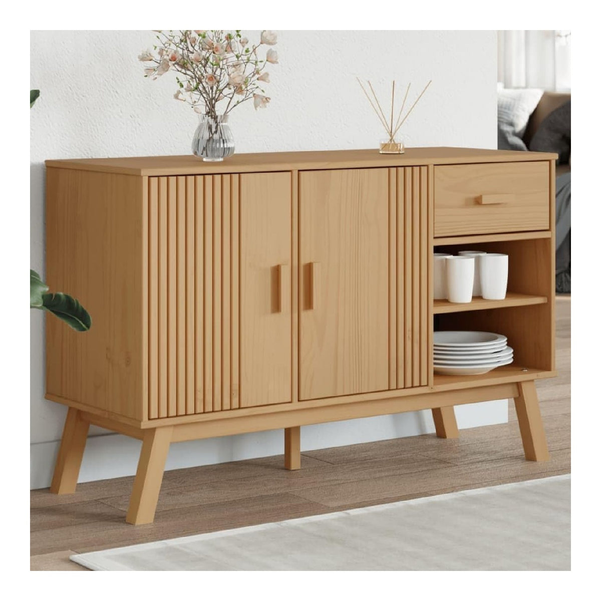 Sideboard Olden Braun aus massivem Kiefernholz 114x43x73,5 cm mit Schublade, Turen und offenem Fach, stabiles Kuchenmobel, Wohnzimmer- und Esszimmer-Sideboard mit reichlich Stauraum