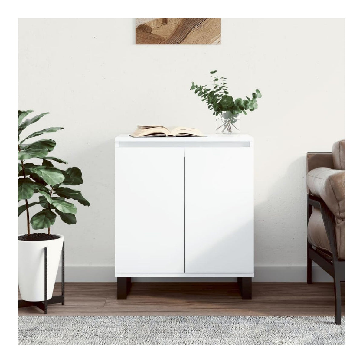 Sideboard Wei 60x35x70 cm aus Holzwerkstoff mit Stauraum und Eisenbeinen, Beistellschrank als Kommode fur Wohnzimmer, Schlafzimmer oder Flur