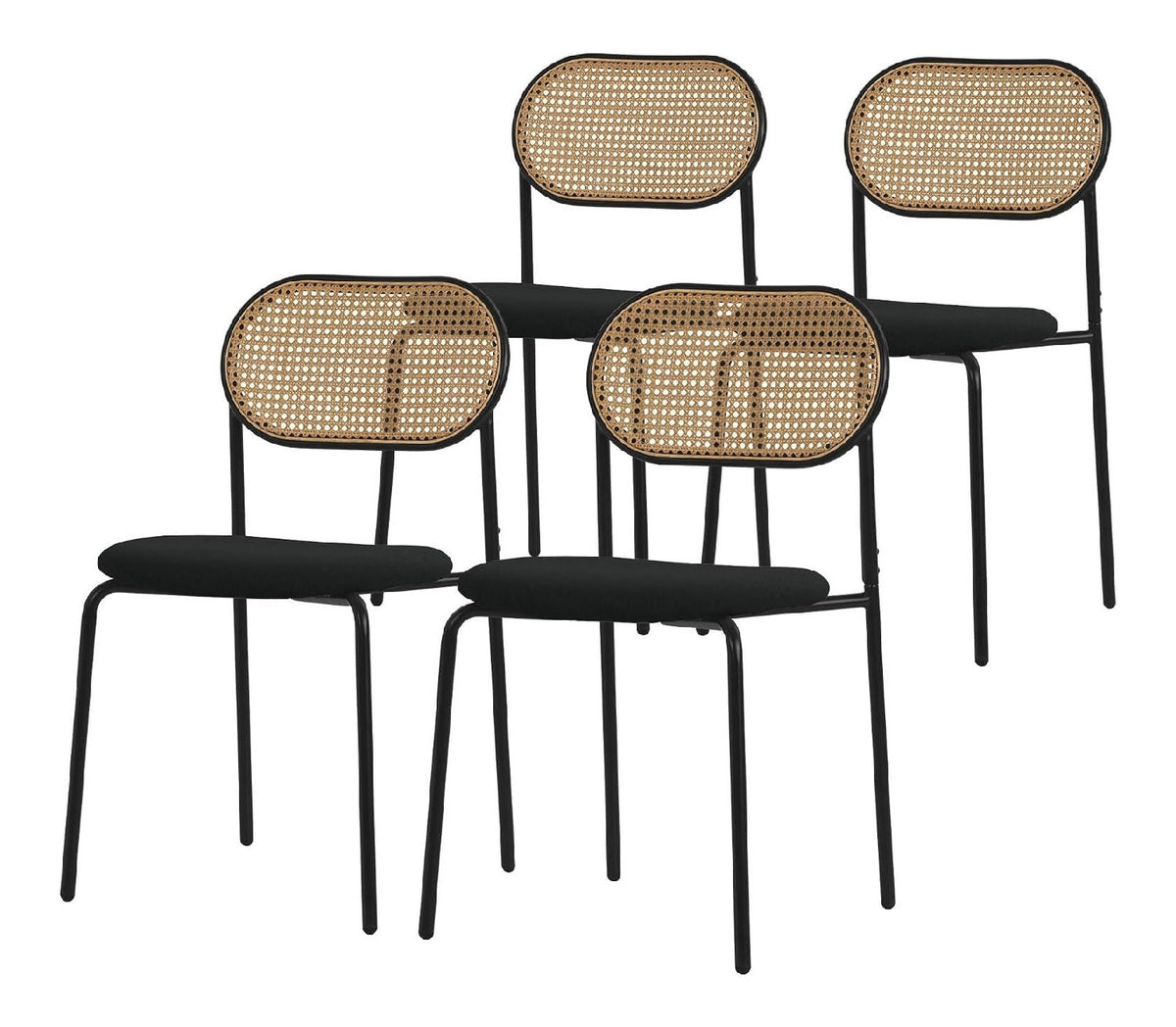 Esszimmerstuhle 4er Set, Schwarz, Kuchenstuhl mit Rattan Ruckenlehne, Gepolsterte Stuhle mit gebogener Netzrucke, Rattanstuhl mit Stahlbeinen, Polsterstuhle Akzentstuhle fur Esszimmer Kuche