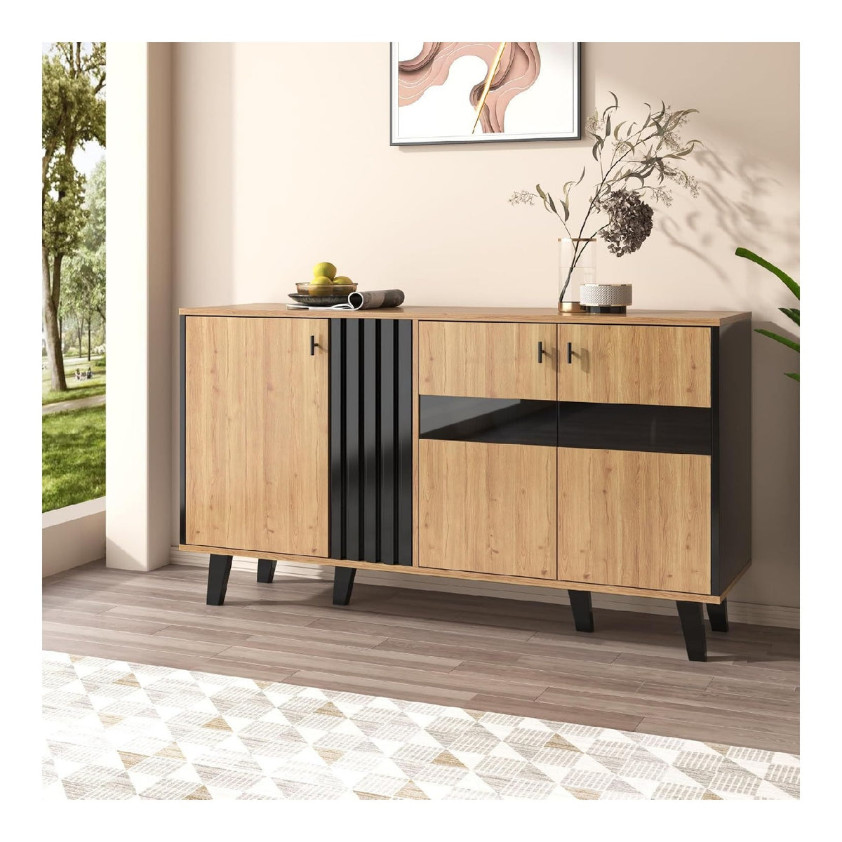Su & Chan Legence Sideboard Wohnzimmer 140cm Breit, Aufbewahrungsschrank Kuche mit Turen, Sideboard Schlafzimmer mit Glas und LED-Licht, Schrank fur Zuhause Buro Flur, Schwarz Holz Optik