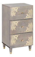 Sideboard Wohnzimmer 40 x 33 x 75 cm Grau und Gold Massivholz Mango mit 3 Schubladen und goldfarbenem Siebdruckdesign