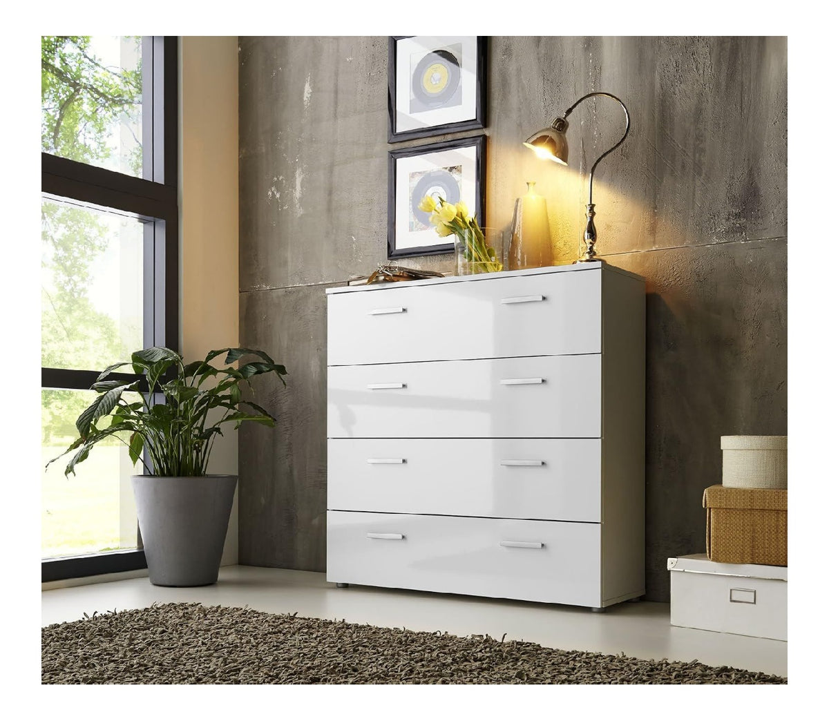 BMG Mobel Sideboard Schubladen Kommode Anrichte Marbella 3 in Hochglanz Wei - Hohe 91cm, Breite 88cm, Tiefe 32cm