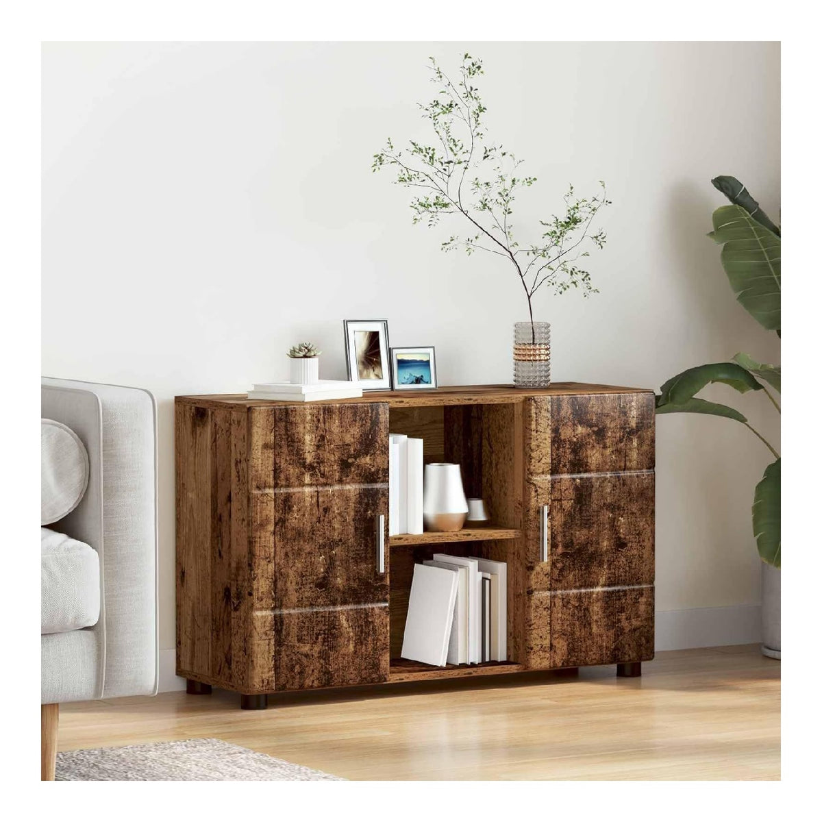 Sideboard Florin aus Altholz Holzwerkstoff 88,5 x 30,5 x 55,5 cm mit reichlich Stauraum, Mattes Finish, 2 Turen, 3 Regale, ideal fur Wohnzimmer, Familienraum und modulare Wohnwand Ablage