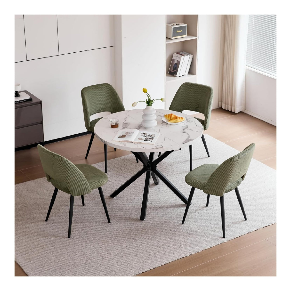 Esstisch und Stuhlset, 100 cm Runder MDF Esstisch, 4 Gepolsterte Kuchenstuhle aus Cord mit Hohlruckenlehne, fur Esszimmer, Wohnzimmer, Kuche (Marmormuster-BK + Grun)