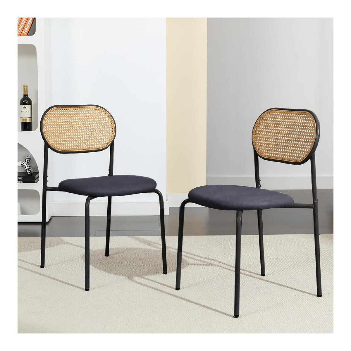 Rattan-Esszimmerstuhle aus der Mitte des Jahrhunderts, moderne Esszimmerstuhle mit gepolsterter Sitzflache und Metallbeinen, fur Esszimmer, Wohnzimmer, Kuche, Restaurant (Schwarz + Natur)