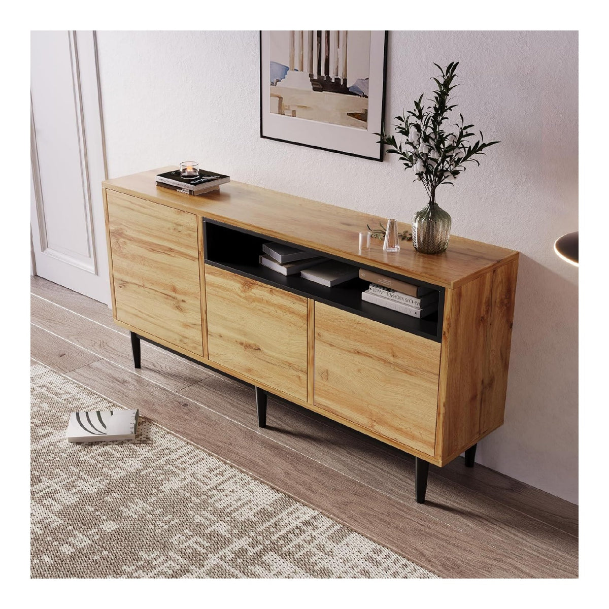 Sideboard Aus Holz 160 cm Breit, Modernes Anrichte Mobel Mit DREI Turen Und Stauraum, Stabil Und Zuverlassig, Leicht Zu Montieren, Funktionales Buffet Fur Wohnzimmer Esszimmer Kuche