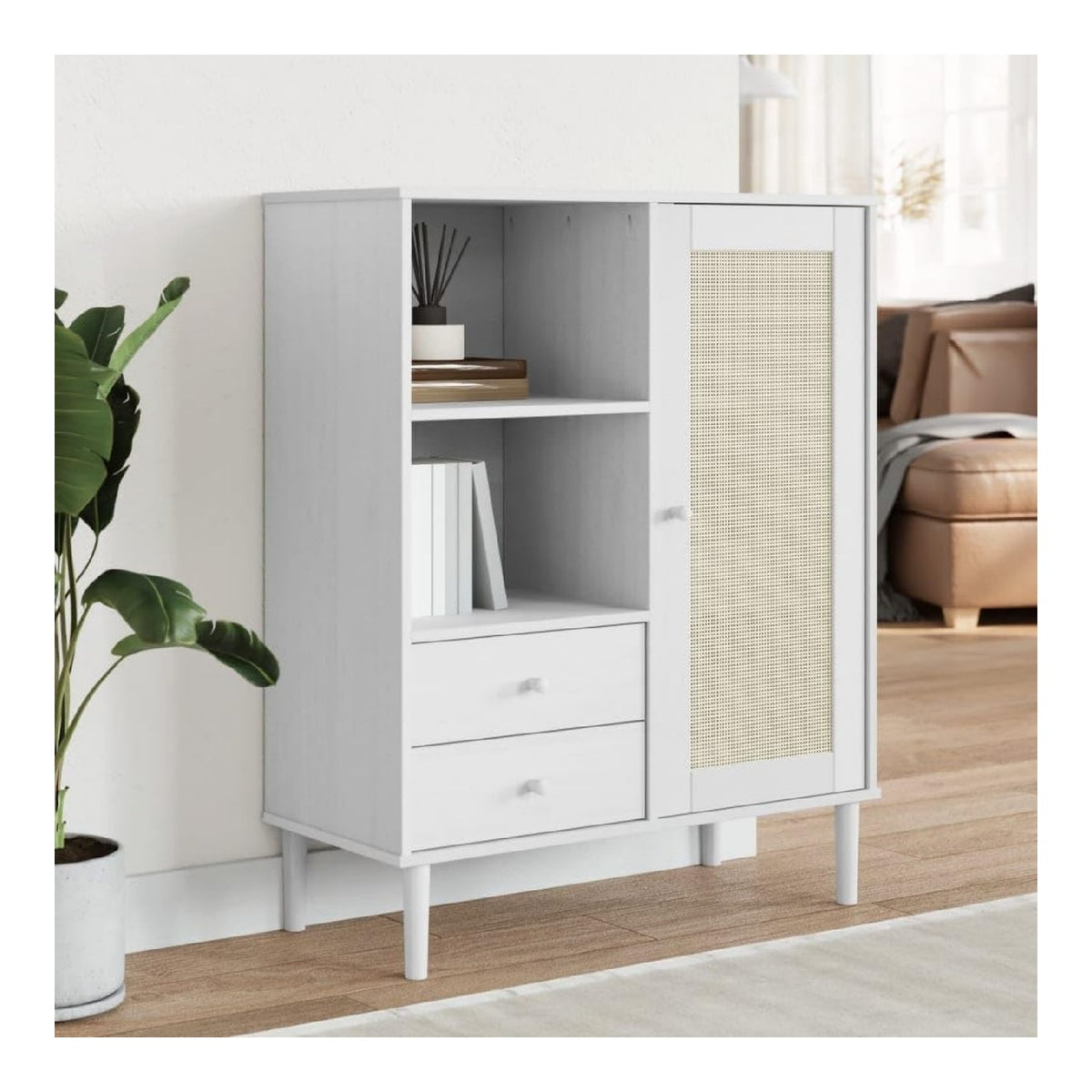 Schranke & Stauraum Highboard SENJA Rattanoptik wei 90x40x112 cm Massivholz Kiefer Buffets & Sideboards