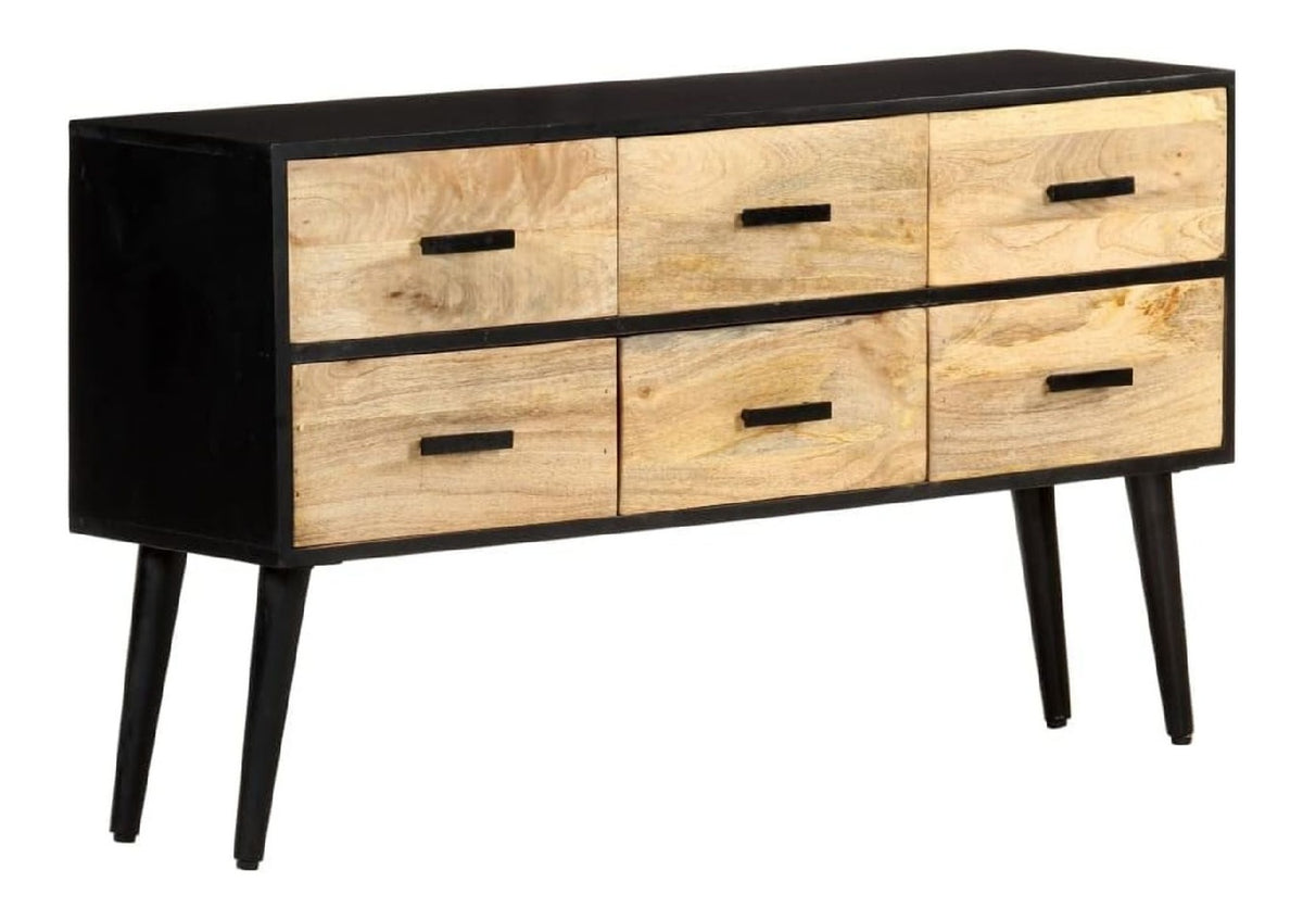 Sideboard aus massivem Mangoholz 110x33x64 cm mit 6 Schubladen, pulverbeschichtete Eisenbeine, stabiles Kuchenmobel, ideal als Buffet und Wohnzimmer Schrank