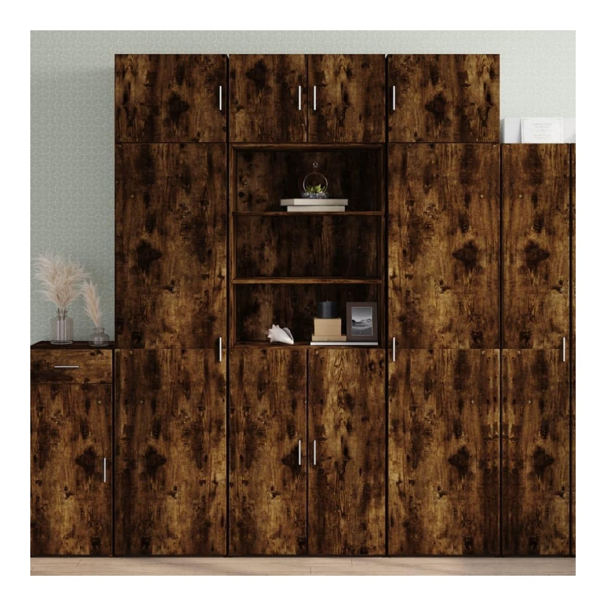 Highboard Rauchereiche 70x42,5x185 cm, Holzwerkstoff Schrank mit Turen, Offene Facher, Feuchtigkeitsbestandig, Pflegeleicht, Vielseitiges Sideboard Buffet Cabinet fur Wohnzimmer, Flur
