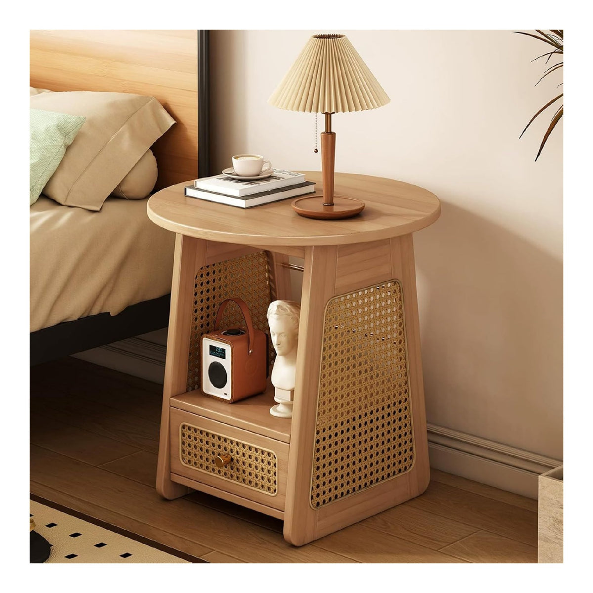 Runder Rattan Nachttisch mit Schublade & halboffener Stauraum
