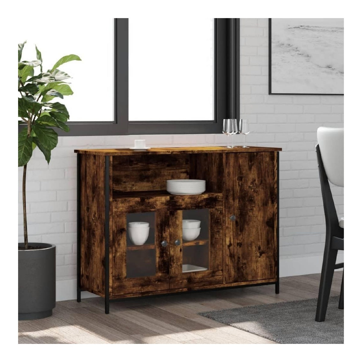 Sideboard mit 3 Turen Aufbewahrungsschrank Schrank Einheit Buffettisch mit Metallrahmen fur Wohnzimmer Kuche (Raucheiche)