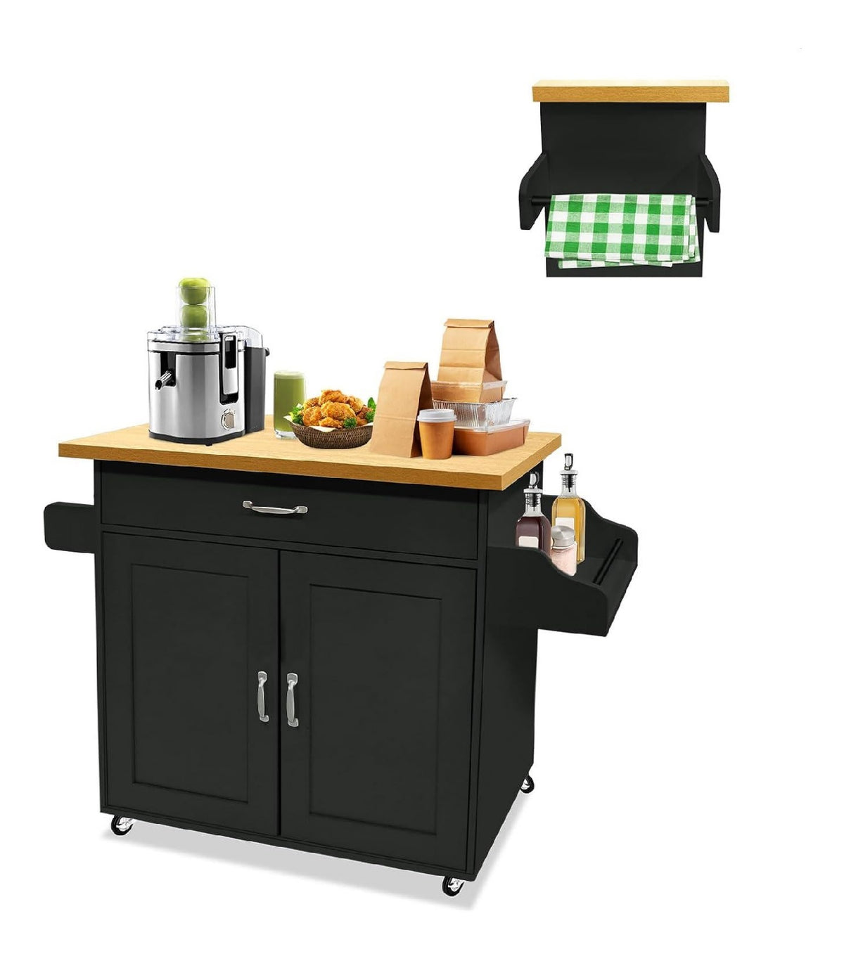 LZQ Kuchenwagen Kuchenschrank mit Arbeitsplatte Bewegliche Kucheninsel Kuchen Wagen Rollbar, Rollwagen kuche, servierwagen 115x36x90cm Schwarz