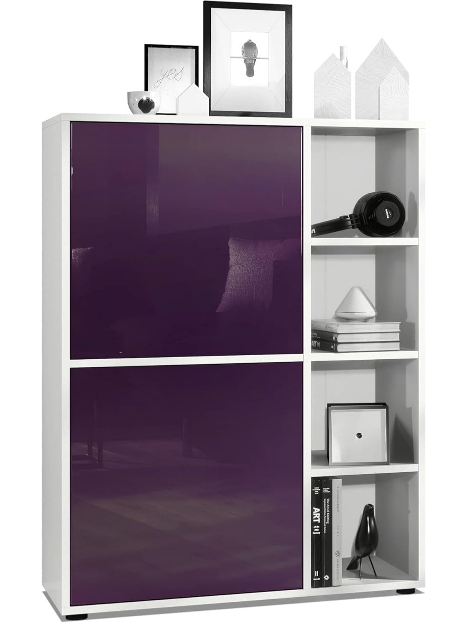 Highboard mit acht Fachern in Weiss matt und Brombeer Hochglanz fur Wohn und Arbeitsbereich