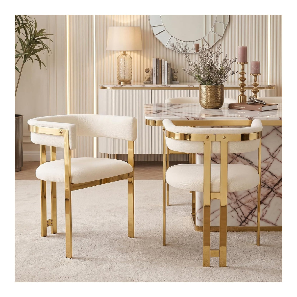 2 Esszimmerstuhle Chenille Beige Gold Metallgestell, C-formiger Rucken, Modern Fur Restaurant, Cafe, Wohnzimmer