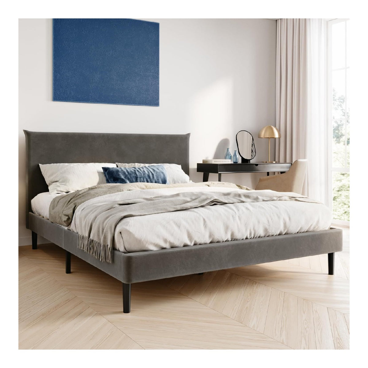 Home Collective Bett 160x200 und 160x200 cm Polsterbett mit Lattenrost Bettgestell Doppelbett mit weichem Samtbezug und gepolstertem Kopfteil Robustes Gestell hoher Liegekomfort Grau 160x200 cm