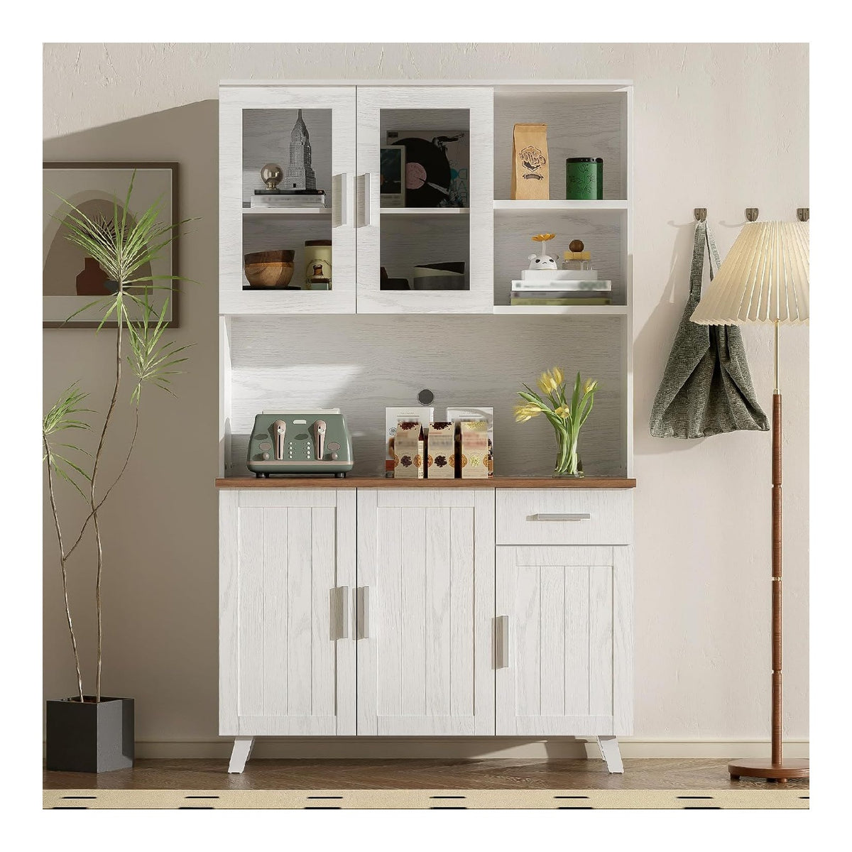 Sideboard, Wei er Holzmaserung-Hochschrank 114 x 40 x 190 cm, geeignet fur Wohnzimmer und Esszimmer