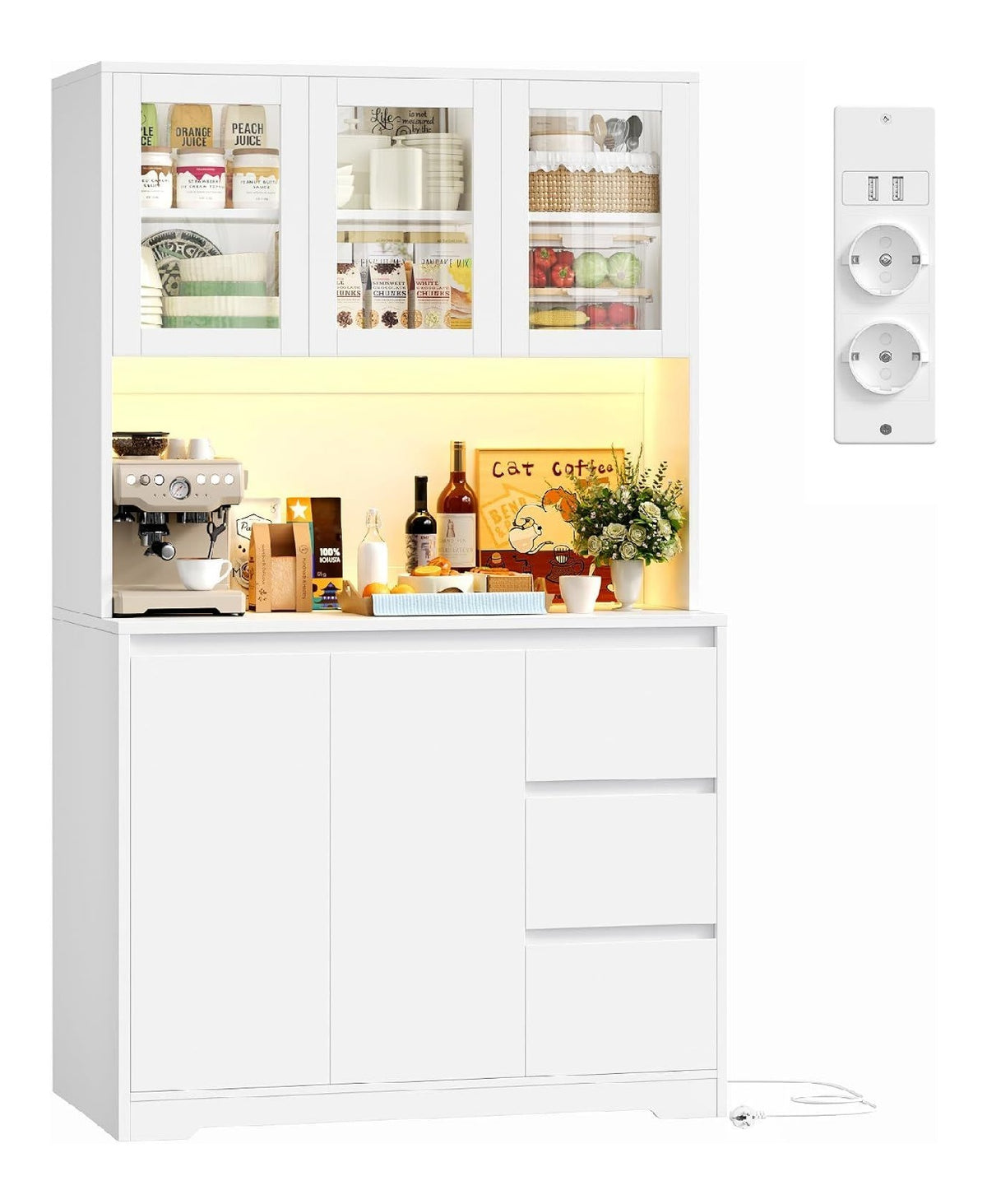 Kuchenschrank mit LED & Steckdosenleiste, Buffetschrank Wei