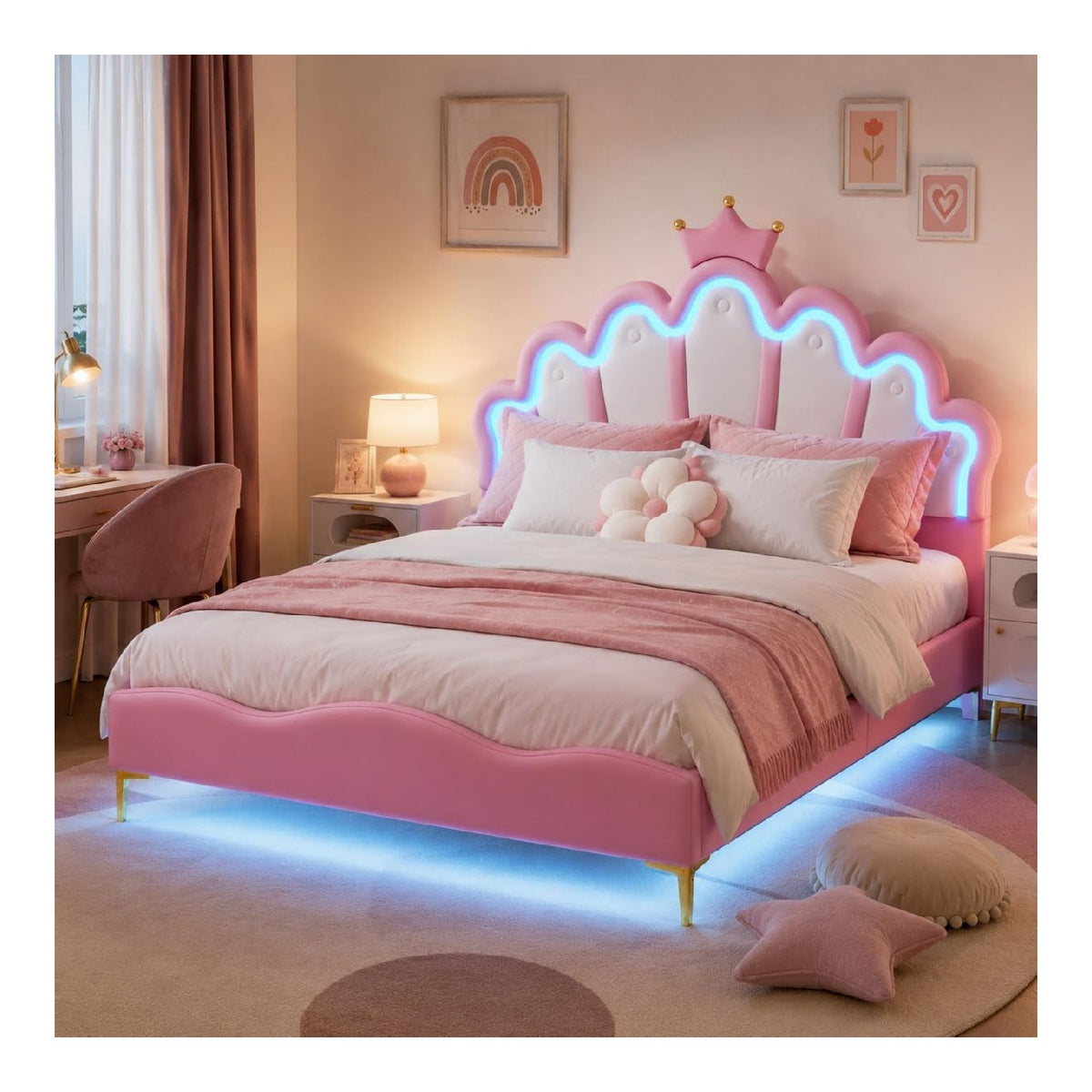 Kinderbett Polsterbett 140x200, Kinderbett Madchen Doppelbett mit Led Polsterbett Prinzessin Jugendbetten mit Gepolstertes Led Kopfteil und Lattenrost,PU,ohne Matratze (Rosa, 140x200cm)