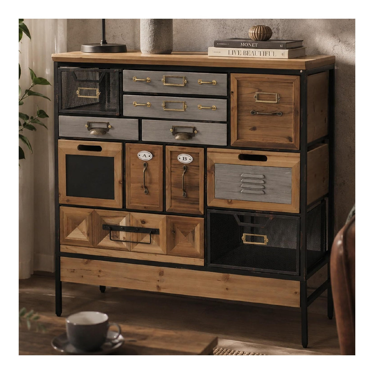 Apothekerkommode HWC-Q77, Schrank Industrial Holz Metall 85x84x36cm