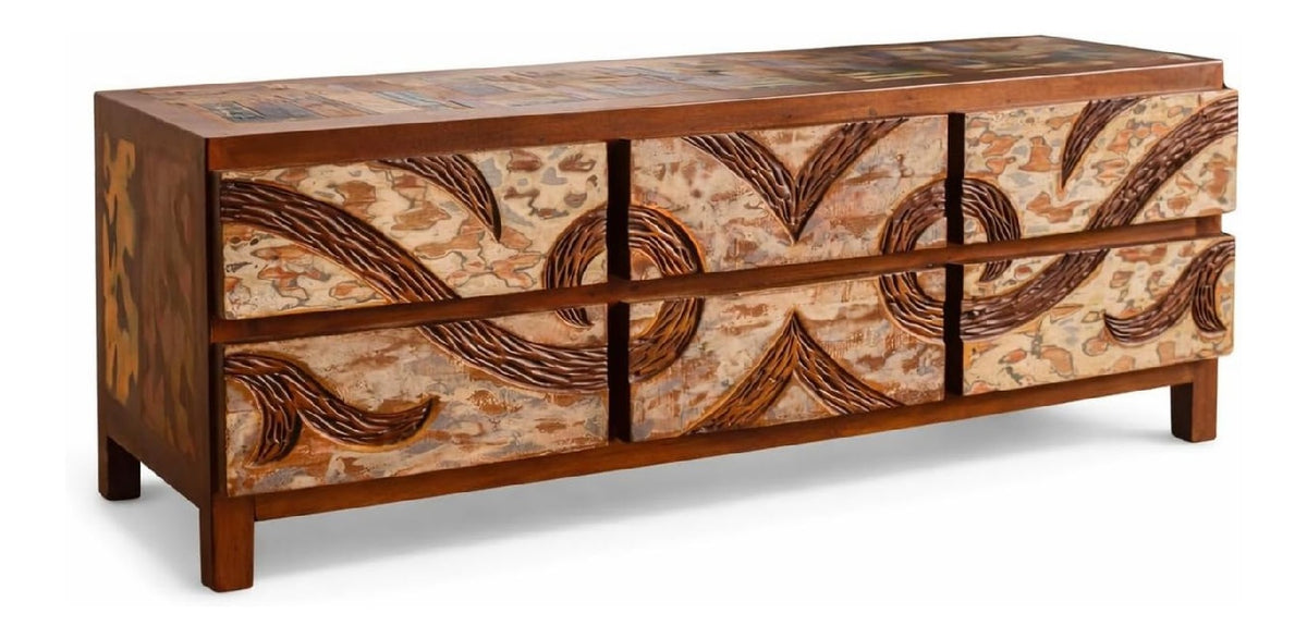 Mienloco Vintage Sideboard aus recyceltem Teakholz - Handgefertigte Kommode im Used Look - Massives Unikat Mobel - 150 cm Holz Kommode/TV-Board