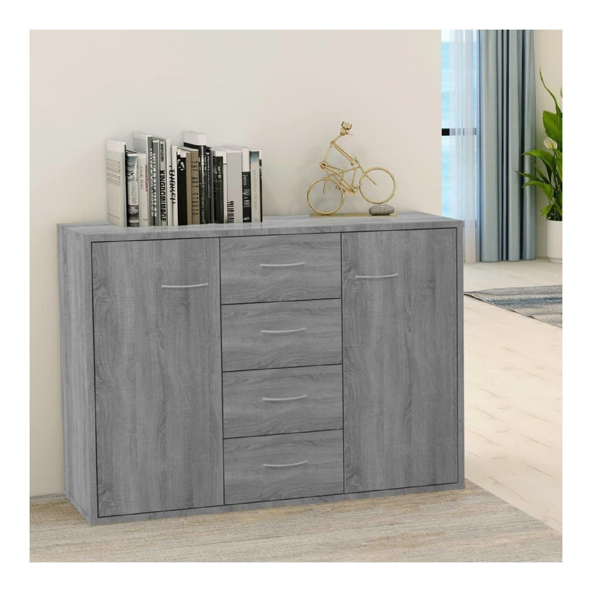 Sideboard Grau Sonoma 88x30x65 cm, Holzwerkstoff, Buffet Cabinet mit 4 Schubladen, Esszimmer Schrank mit Stauraum fur Wohnzimmer