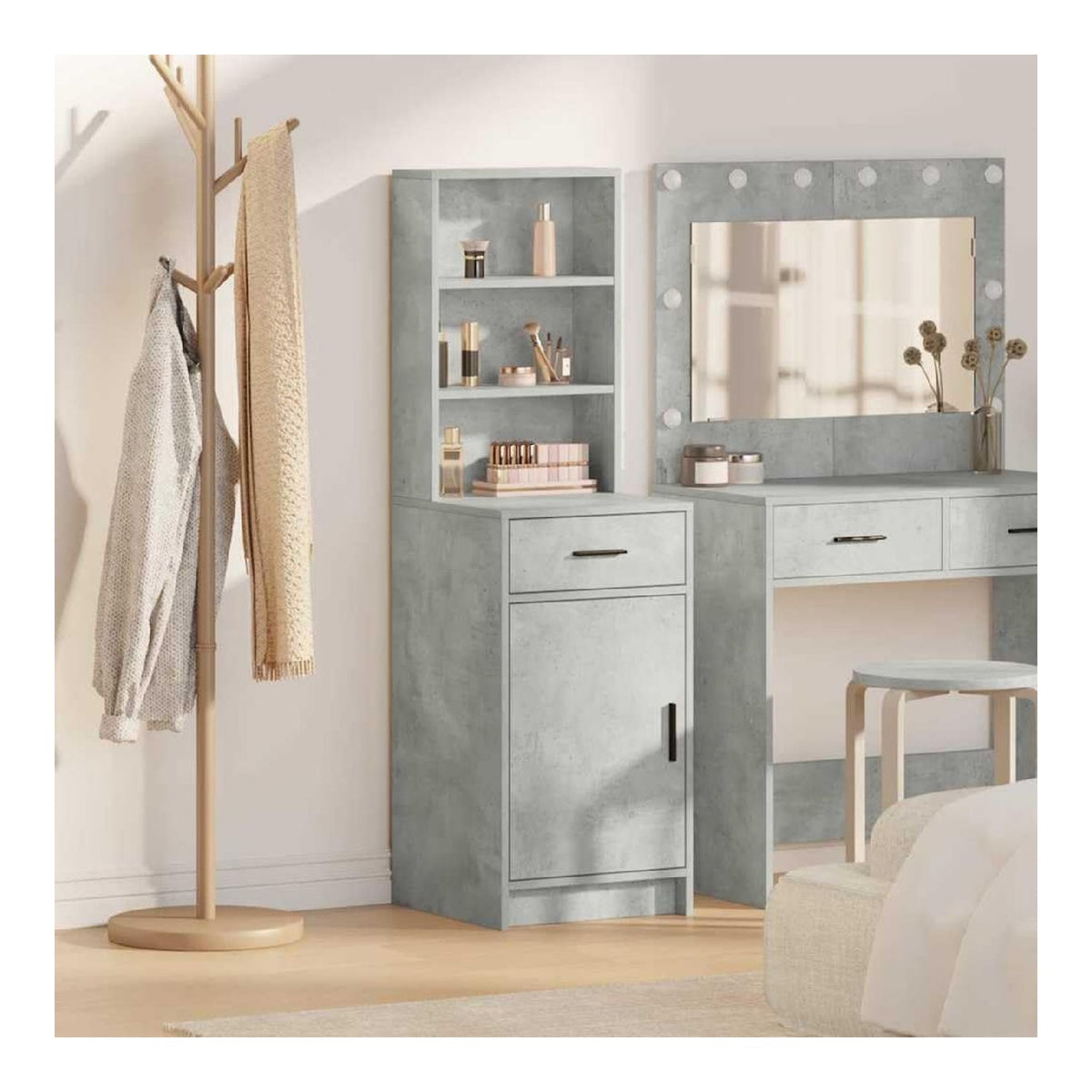 Beton Grau Highboard 41 x 40 x 135 cm Holzwerkstoff modernes Sideboard mit Tur Schublade fur Wohnzimmer Esszimmer Flur und Buro Stauraum