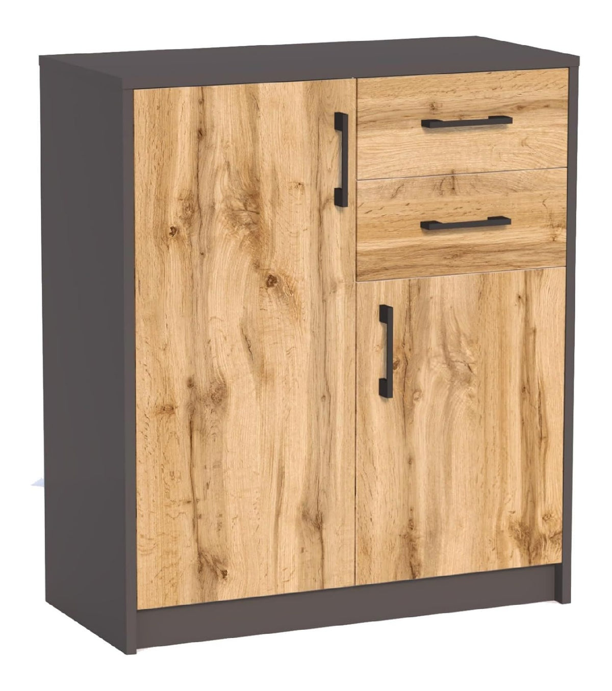 Home Collective Kommode mit 2 Schubladen und 2 Turen in matt Kommode 74cm breit mit hochwertigen Polymergriffen Holz Schrank Kommode mit Schubladen Aus laminierter Platte gefertigt Graphit Eiche