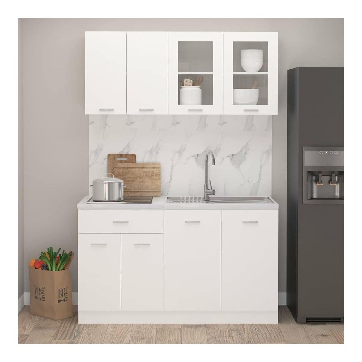 4-TLG. Kuchenzeile Kuchenschrank Einbaukuche Kuchenblock Hangeschrank Spulenunterschrank Schubunterschrank Kuchen Schranke ohne Arbeitsplatte Wei Holzwerkstoff