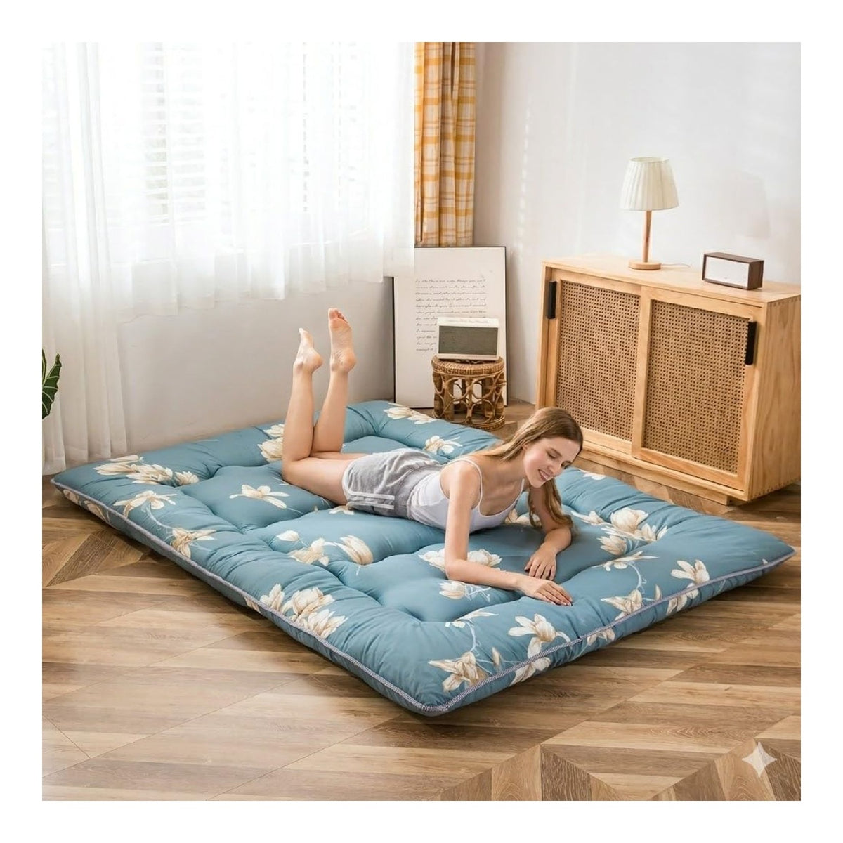 Japanische Bodenmatratze Futon Matratze, Verdicken Tatami Matte Schlafunterlage Faltbare Roll Up Matratze Schlafsaal Matratzenauflage Bodenliege Kissen Bett (Blaue Blume, 90 x 190 cm)