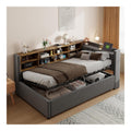 Jugendbett 90x200 cm mit hydraulischem Stauraum, Nachtlicht, USB- und Typ-C-Ladeanschluss, Funktionsbett mit Bettkasten, Gastebett aus Samt, Dunkelgrau, ohne Matratze