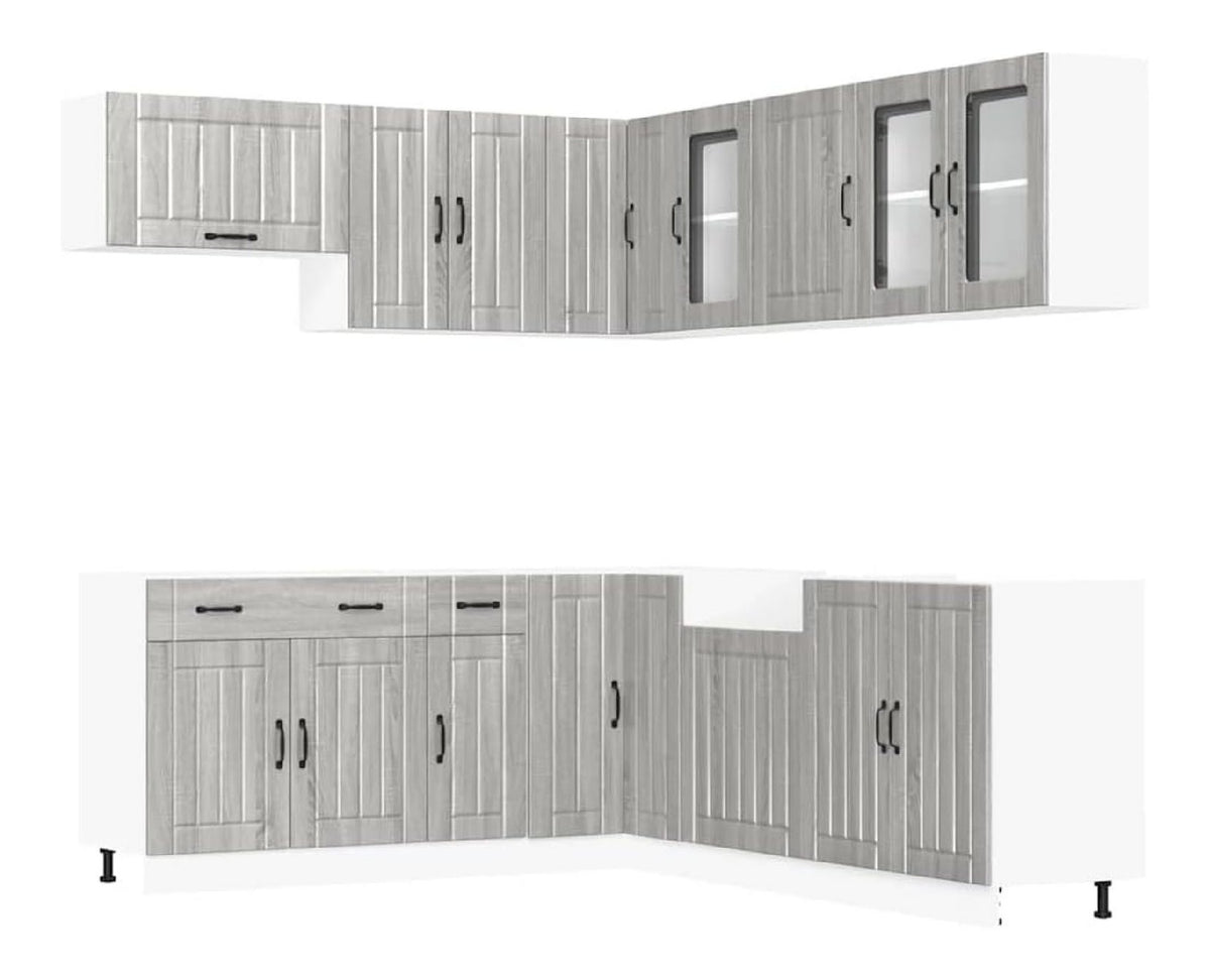 11-teiliges Kuchenschrank-Set, Grau Sonoma, Holzwerkstoff und Glas, mit verstellbaren Fu en, Eckunterschrank und Hangeschranken