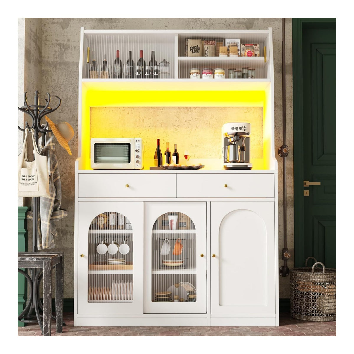 Kuchenschrank mit Arbeitsplatte, Hochschrank Kuche, Buffetschrank mit LED-Beleuchtung, Esszimmerschrank mit 2 Schubladen, Verstellbaren Ablagen, Goldener Griff, Wei , 120x40x180 cm