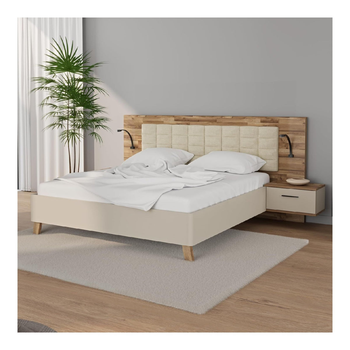 RICCIANO Bettgestell mit Nachtkommoden 180x200cm, Bett mit Polsterkopfteil, Holzwerkstoff, Stabeiche Holzdekor/Kaschmir Beige, 296,5 cm breit x 119,7 cm hoch x 210 cm tief