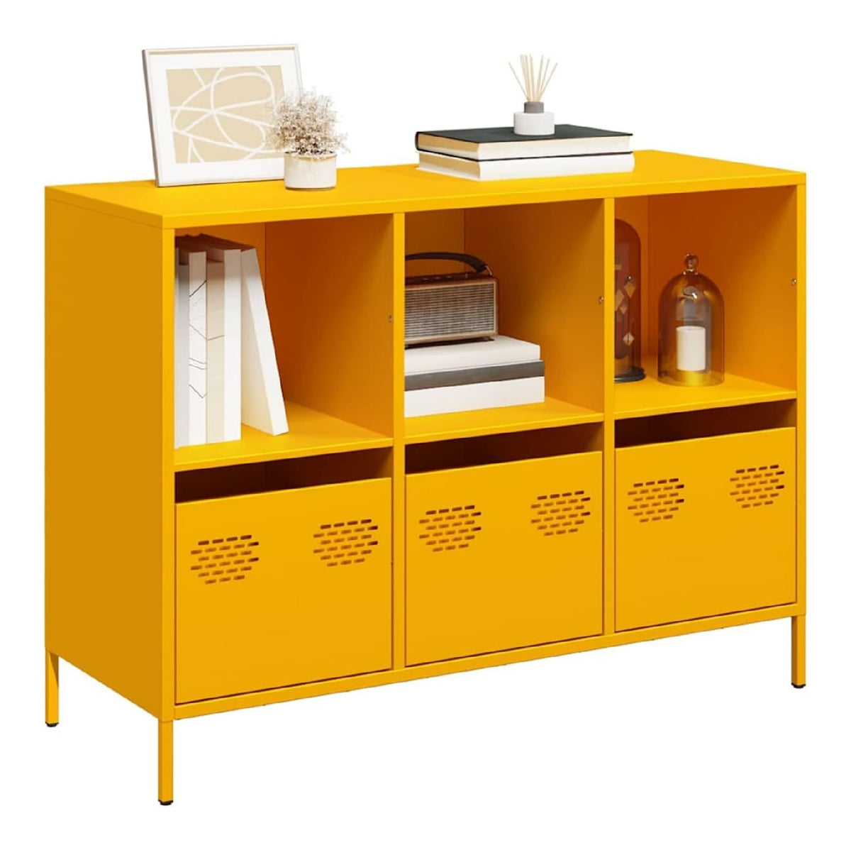 Sideboard aus kaltgewalztem Stahl in Senfgelb 101.5 x 39 x 73.5 cm - 3 Schubladen + 3 offene Facher, robust & platzsparend fur Buro und Zuhause