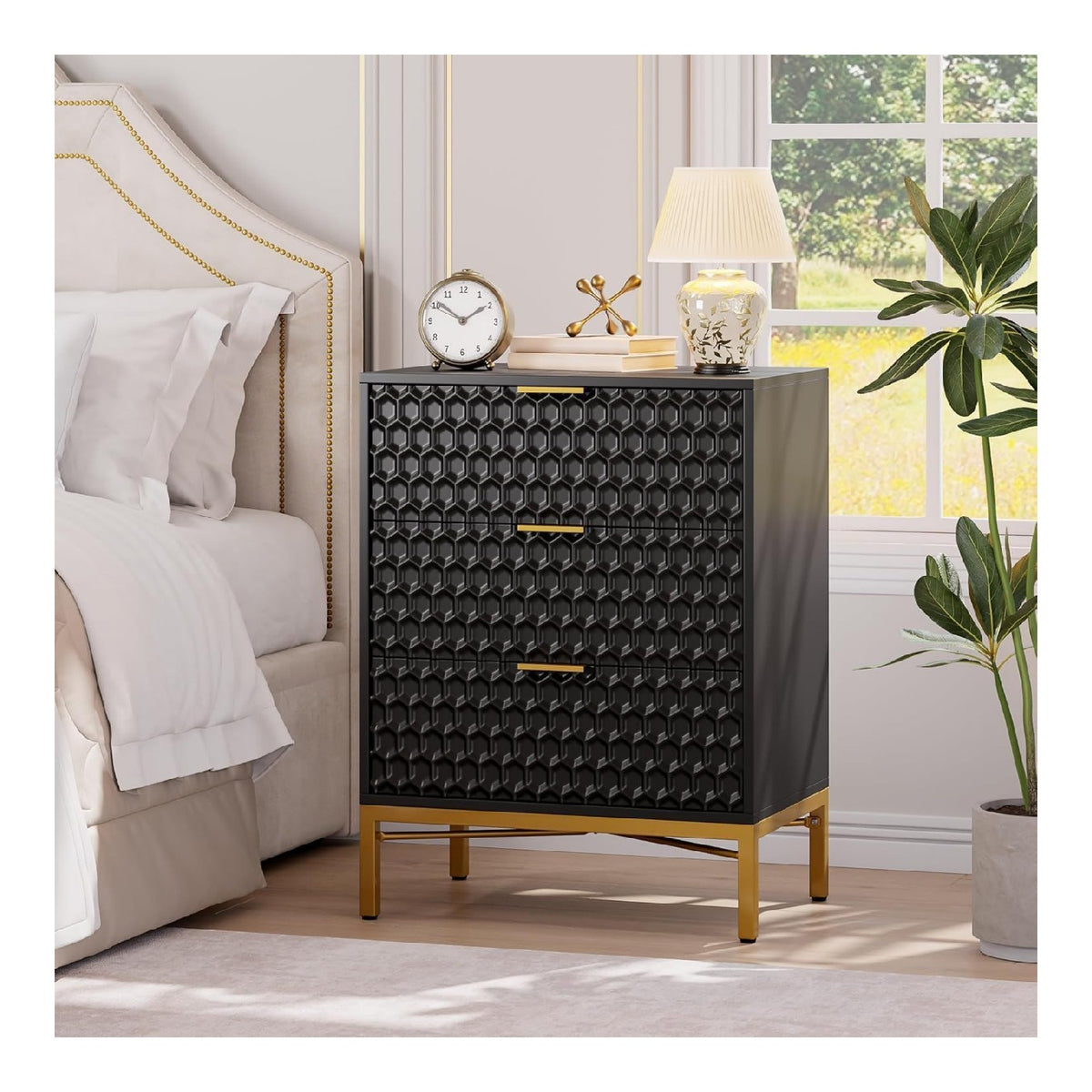 3-Schubladen-Kommode aus Holz mit tiefen Schubladen, Honeycomb-Muster & gro er Ablageflache - fur Schlaf-, Wohn- oder Kinderzimmer - Farbe: Schwarz